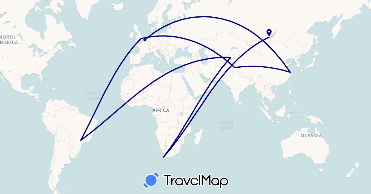 TravelMap itinerary: driving in Belgium, Brazil, China, United Kingdom, India, Kyrgyzstan, Russia, South Africa (Africa, Asia, Europe, South America)